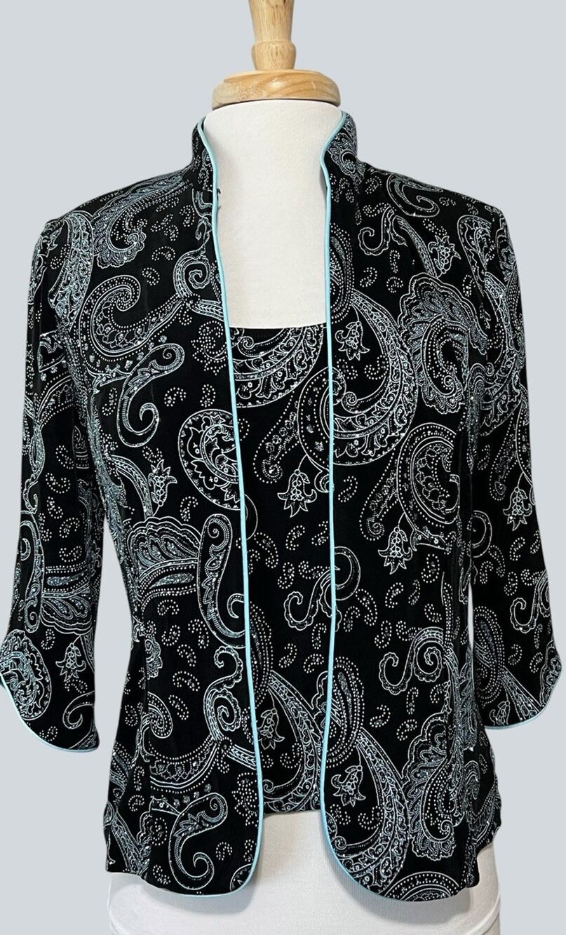 Alex Evenings Women's Small Petite Twin Set Tank Top Cardigan Black Aqua Sparkle